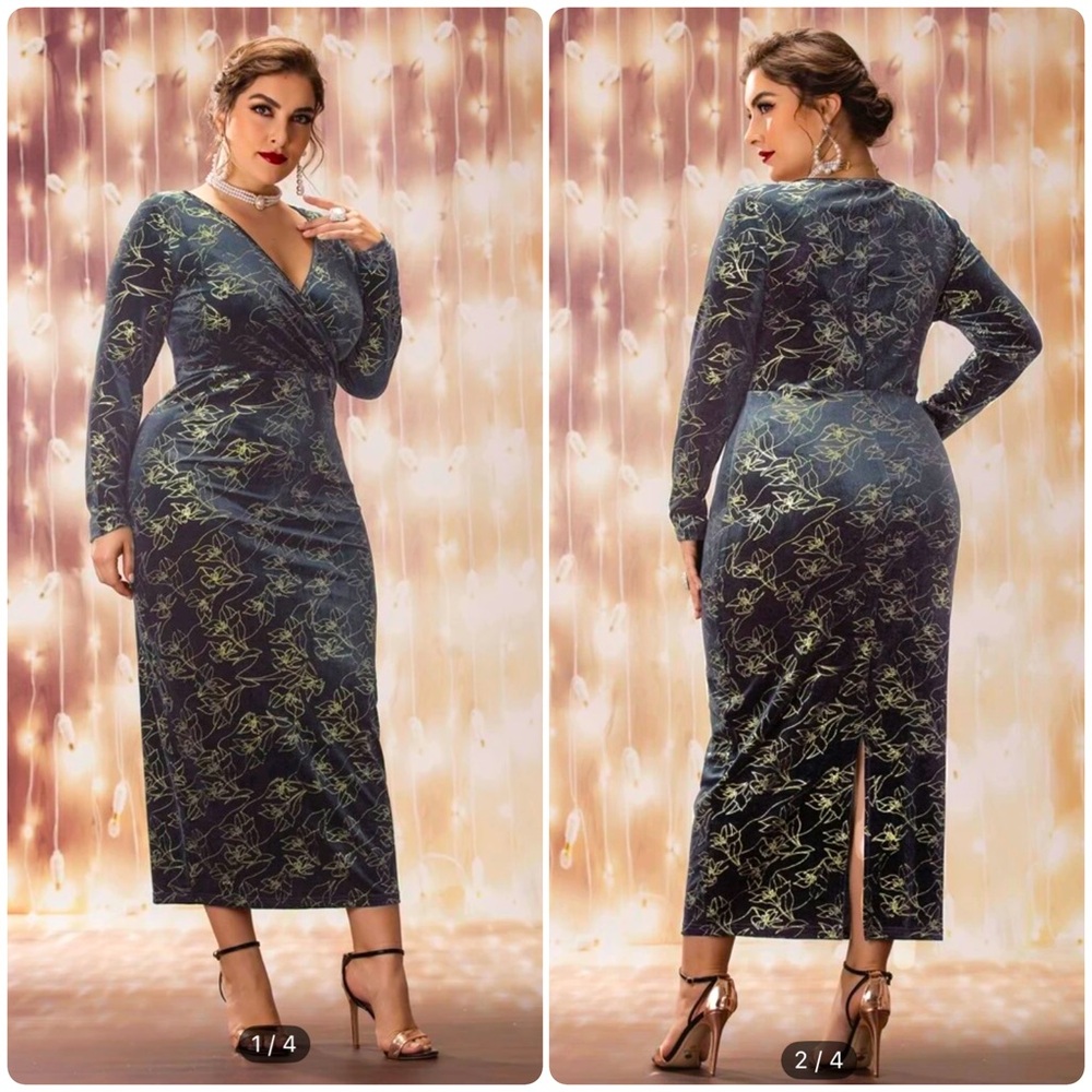 🆕 SHEIN - Floral Print Surplice Neck Velvet Dress - Gold Trimmings - Grey - NWOT